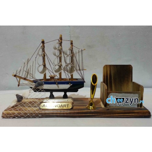 Hand Made Wooden Ship Model With Pen & Mobile Holder