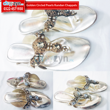 Golden Circled Pearls Kundan Chappals