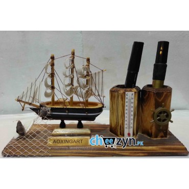 Hand Made Wooden Ship Model With Holder